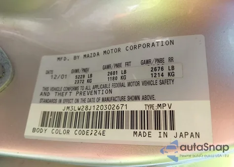 2002 Mazda Mpv Es/Lx z USA, uszkodzony, nr VIN JM3LW28J120302671